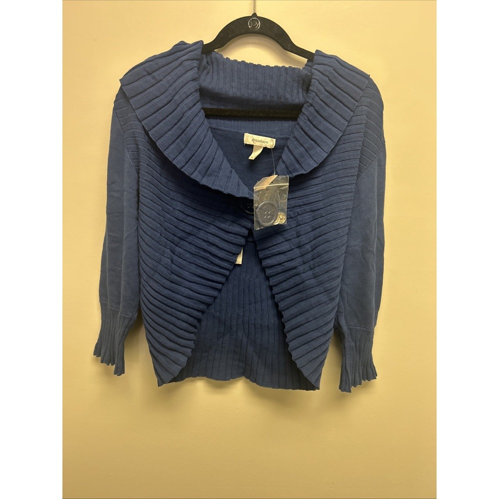 Dressbarn Women's Cardigan XL Blue Frill Cropped 100% Cotton